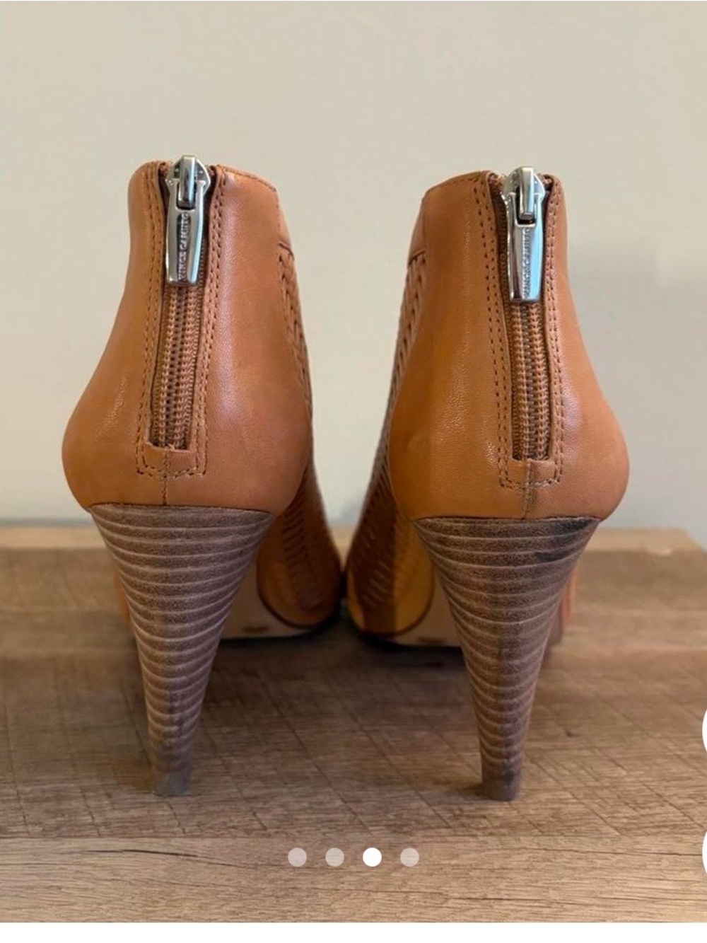 Vince Camuto Cognac Zip-Back Stacked Heel Ankle Booties
